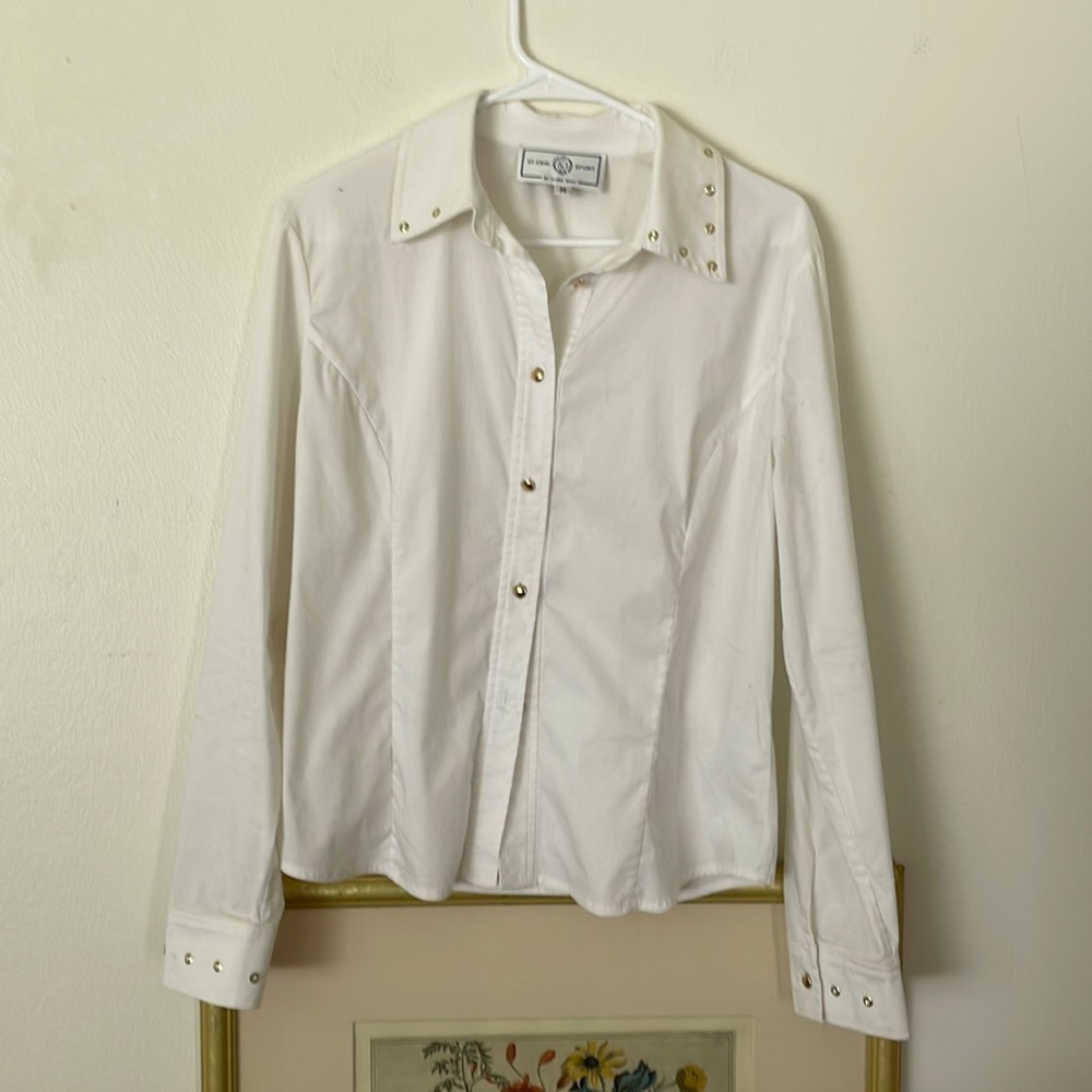 St John Sport white button down blouse collared gold brass detailing